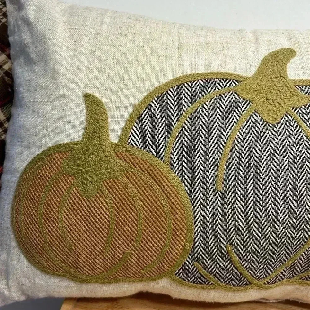 Fall embroidered harvest pumpkins decorative throw pillow country home 20”x12”